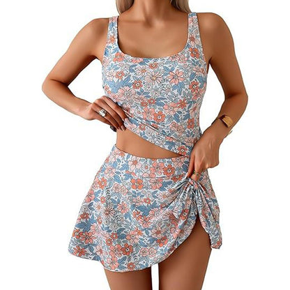 🔥Tank Top & Side Tie Skirt Swimwear Set – Polyester – Modest Coverage & Adjustable Side Tie for Beach & Pool 👙